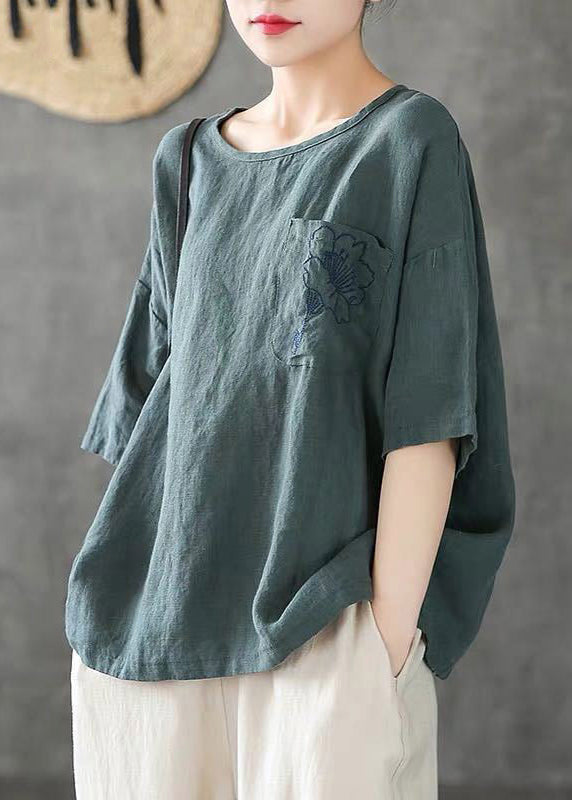 Dame T Shirt O-hals med Broderede Detaljer 2