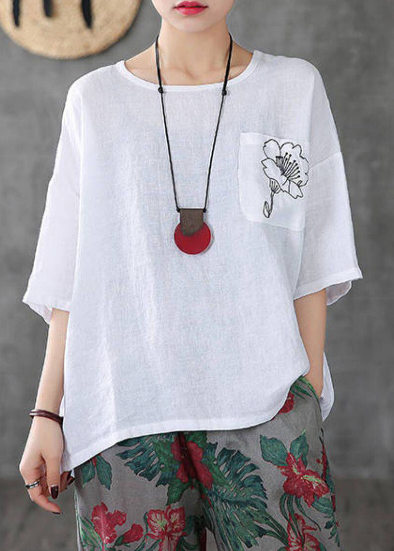 Dame T Shirt O-hals med Broderede Detaljer 4