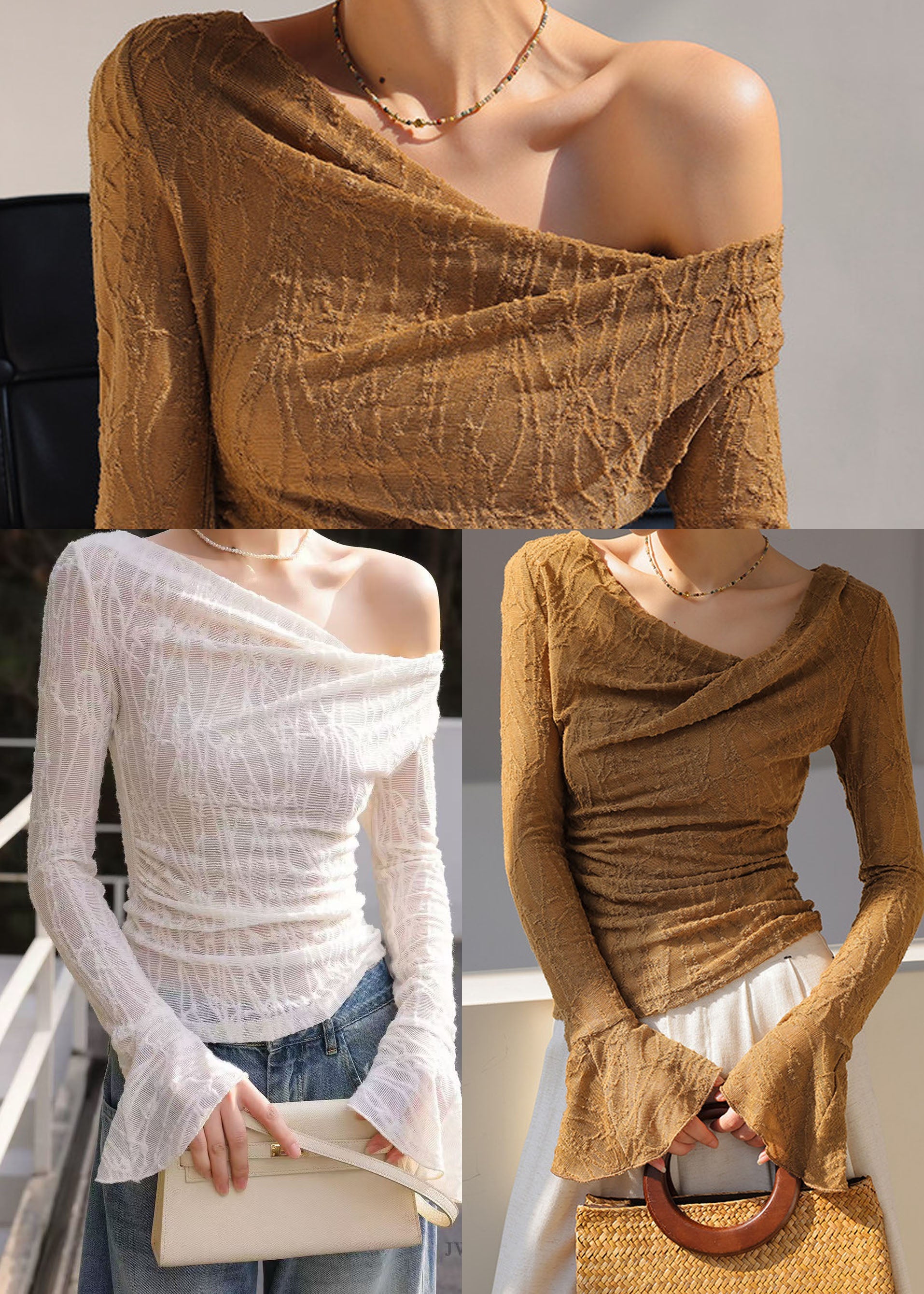 Dame Top One Shoulder Jacquard Design med Flare ærmer 4