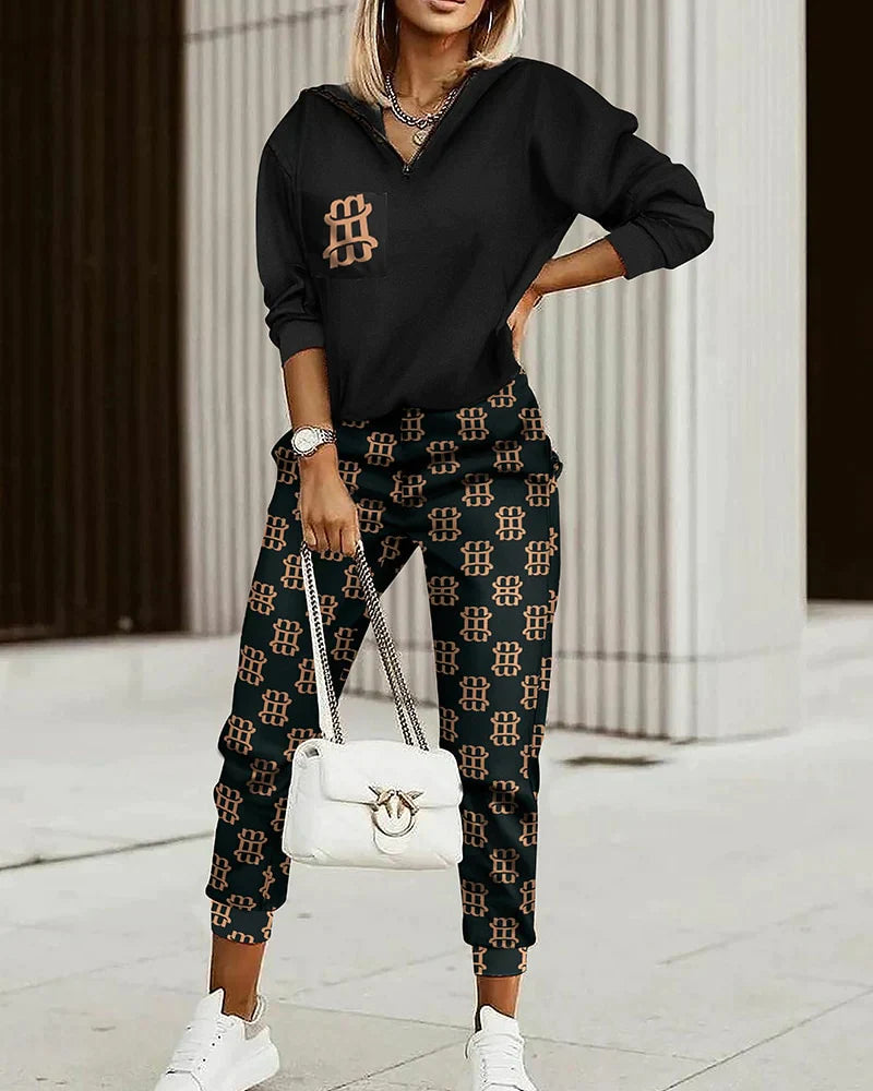 Damer's Joggingdragt Monogram Design Half-Zip Blød Stof 5