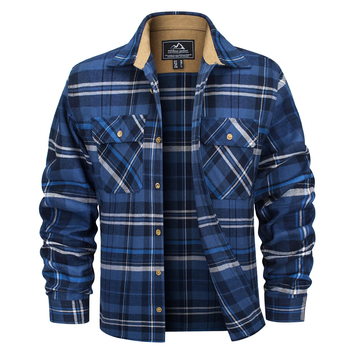 Herre Flannel Skjorte Langærmet Plaid Børstet Bomuld med Corduroy Krave 12