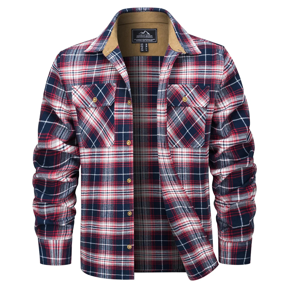 Herre Flannel Skjorte Langærmet Plaid Børstet Bomuld med Corduroy Krave 13
