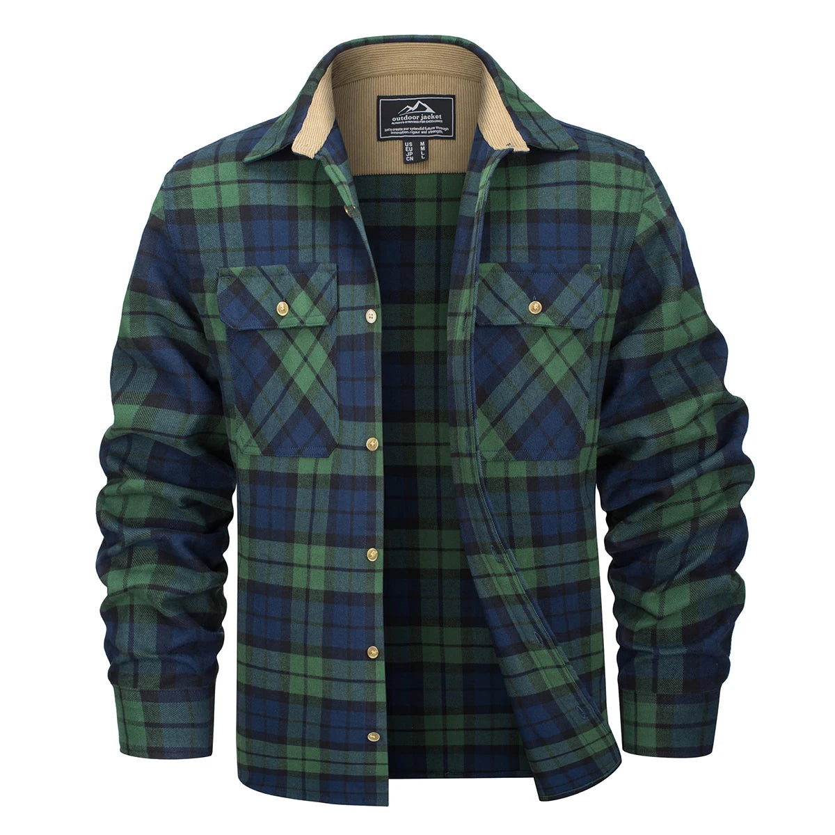 Herre Flannel Skjorte Langærmet Plaid Børstet Bomuld med Corduroy Krave 8