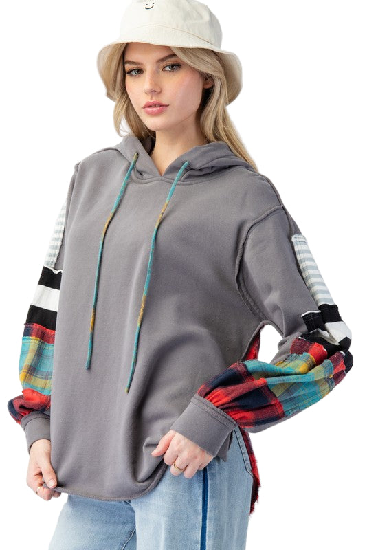Herre Hoodie Plaid Terry Knit Mix 0