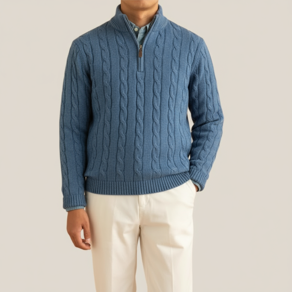 Herre Kabelstrik Sweater med Halv Lynlås 2
