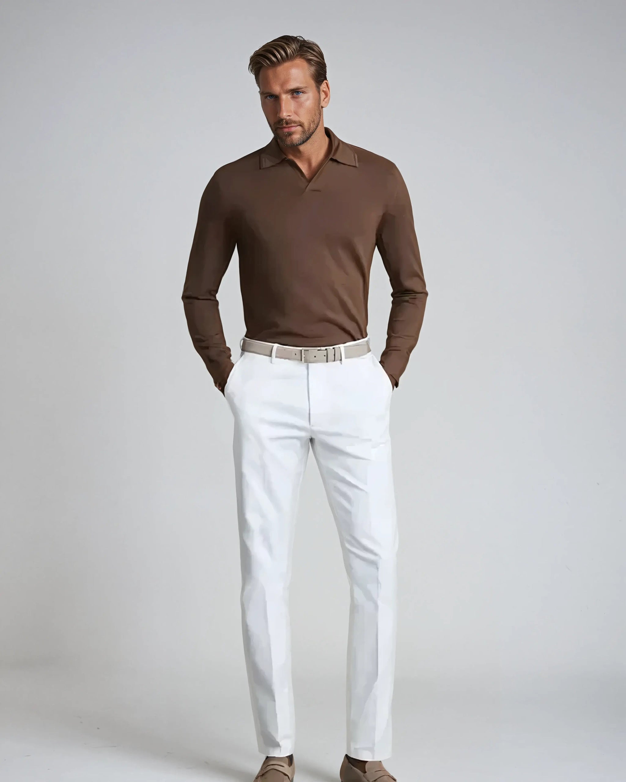 Herre Poloshirt Langærmet Uden Knapper 2