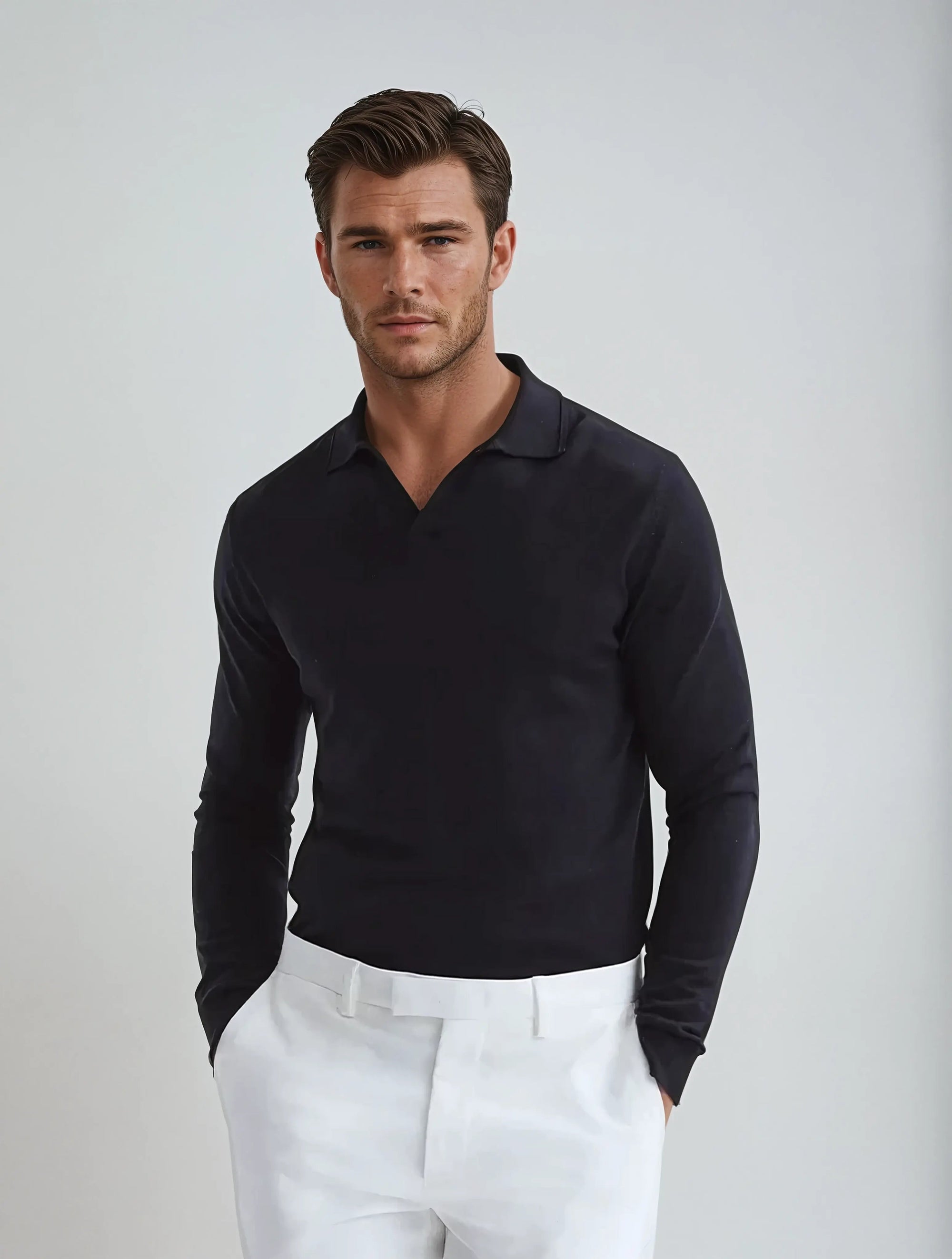Herre Poloshirt Langærmet Uden Knapper 4