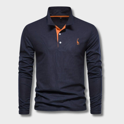 Herre Poloshirt Lange Mouwen Knapkrave 100% Bomuld Med Kontrasterende Detaljer 1
