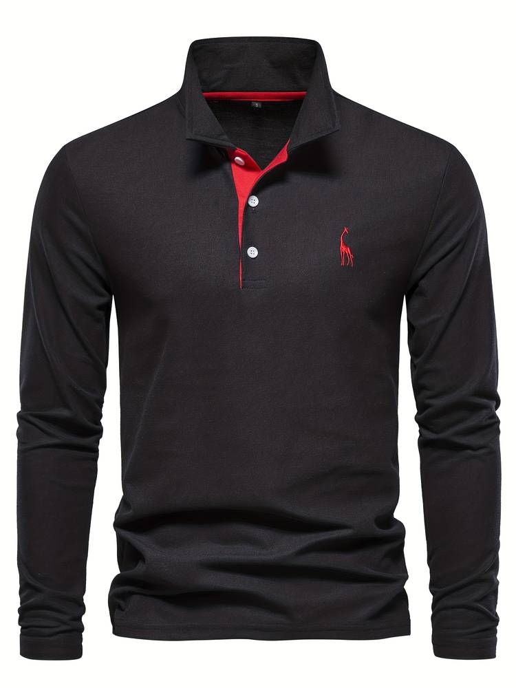 Herre Poloshirt Lange Mouwen Knapkrave 100% Bomuld Med Kontrasterende Detaljer 2
