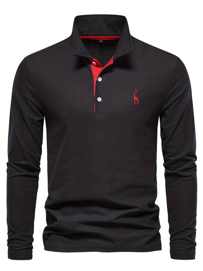 Herre Poloshirt Lange Mouwen Knapkrave 100% Bomuld Med Kontrasterende Detaljer 2