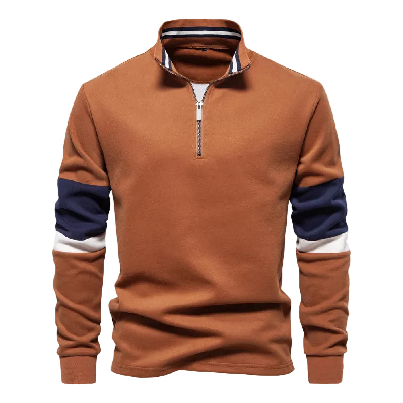 Herre Pullover Patchwork Design med Høj Krave og Kvarte Lynlås 0