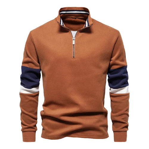 Herre Pullover Patchwork Design med Høj Krave og Kvarte Lynlås 0