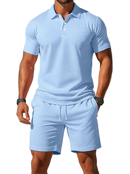 Herre Sommer Sæt Polo og Shorts i Ton-sur-Ton Struktur 0