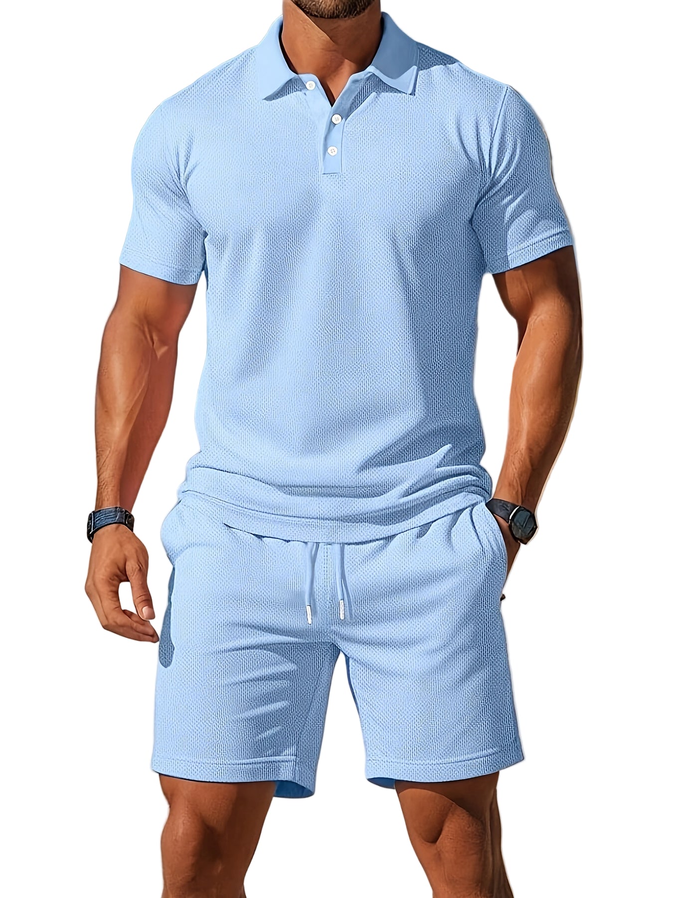 Herre Sommer Sæt Polo og Shorts i Ton-sur-Ton Struktur 0