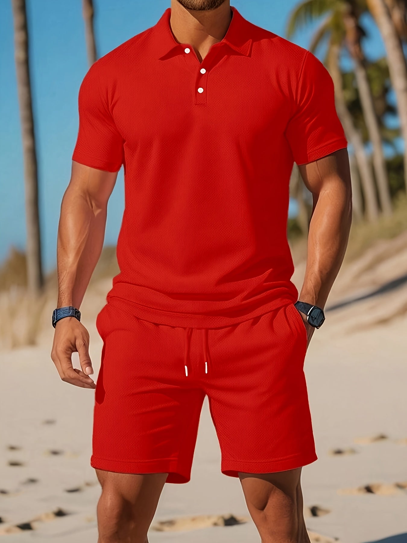 Herre Sommer Sæt Polo og Shorts i Ton-sur-Ton Struktur 4