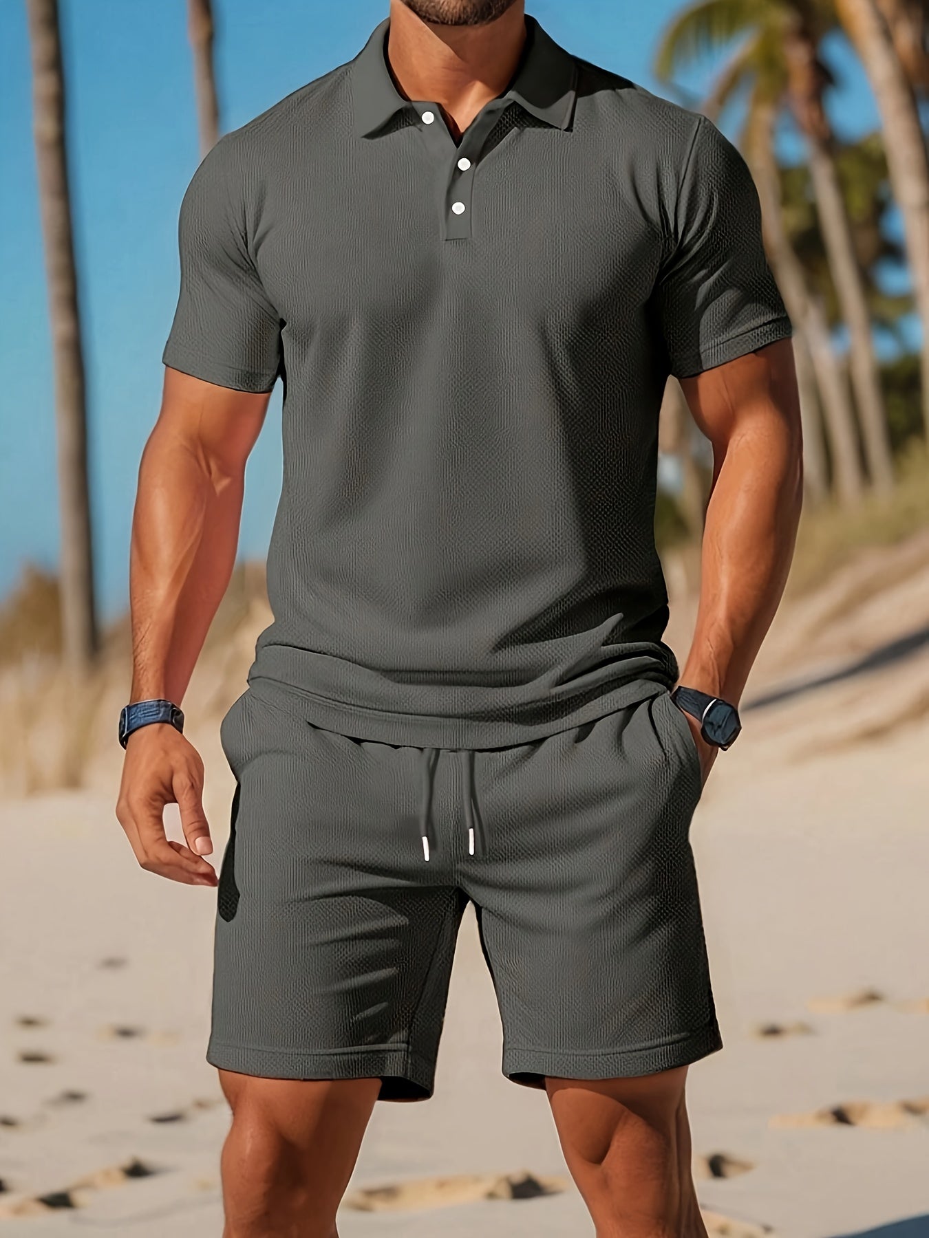 Herre Sommer Sæt Polo og Shorts i Ton-sur-Ton Struktur 5