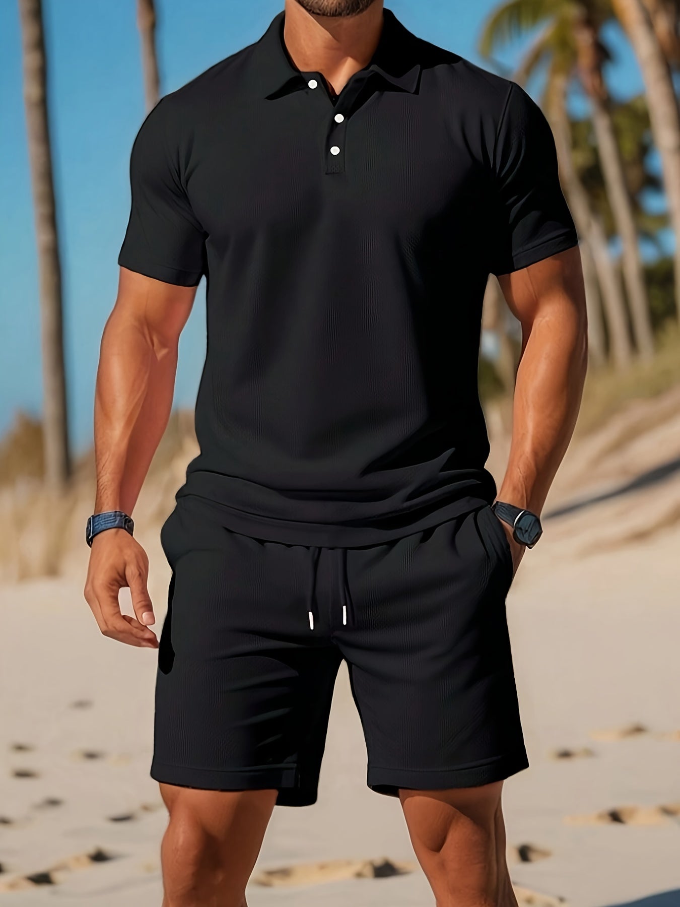 Herre Sommer Sæt Polo og Shorts i Ton-sur-Ton Struktur 6