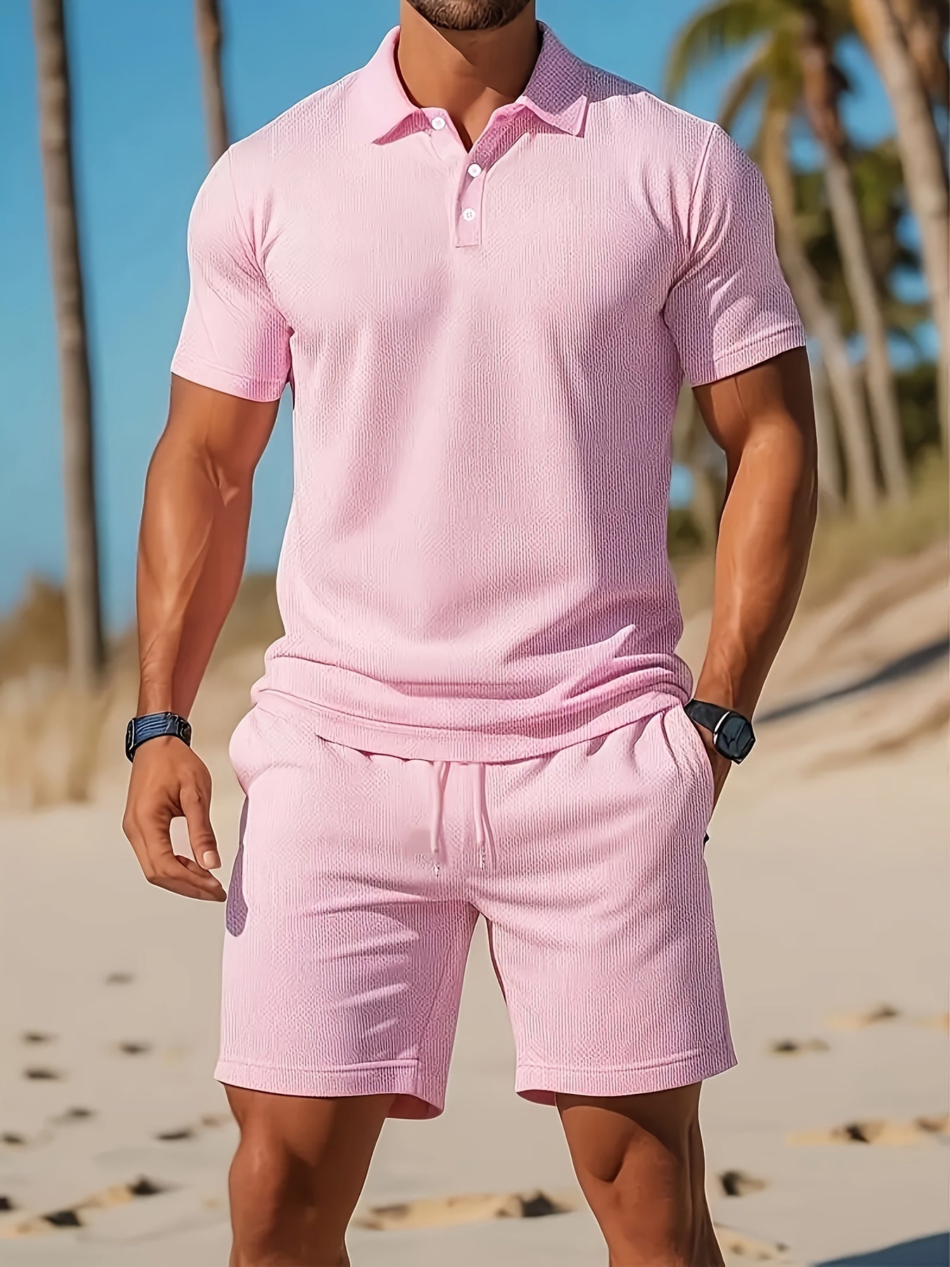 Herre Sommer Sæt Polo og Shorts i Ton-sur-Ton Struktur 9