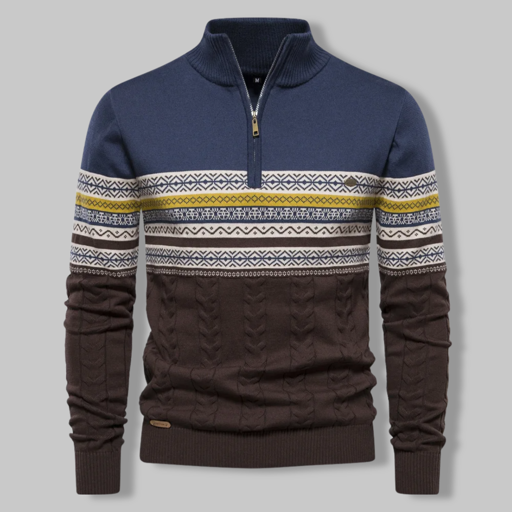 Herre Striktrøje Quart Zipper Noors Mønster Blød Stof 7