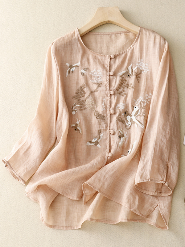 Herre T Shirt Rund Hals Retro Linned 50% Bomuld 50% Linned 6