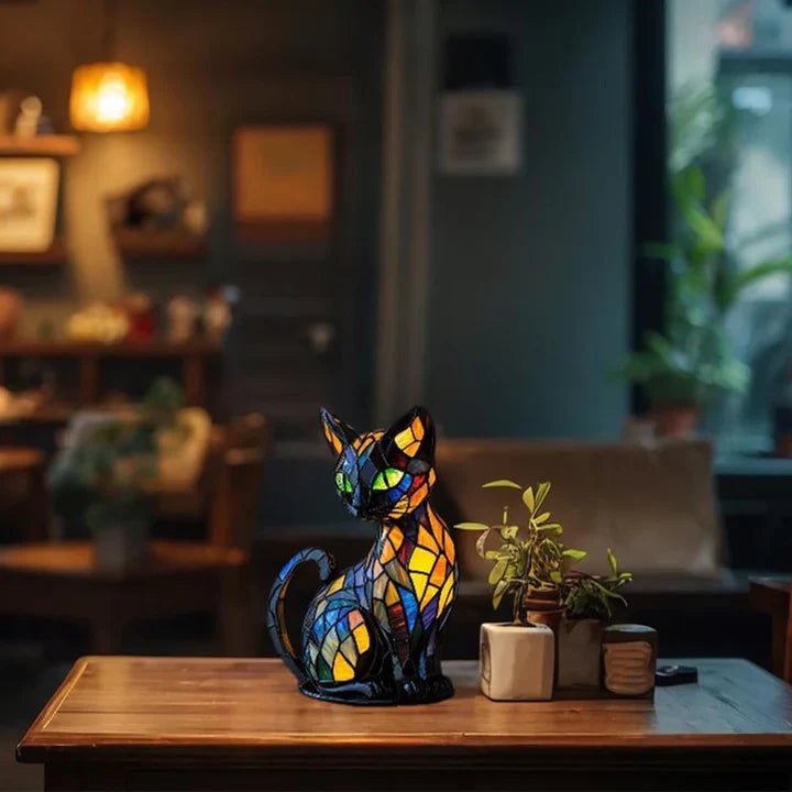 Kattebordlampe Farvet Glas Kunstnerisk Design Med Blødt Lys 3