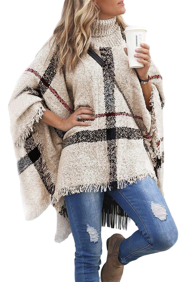 Kvindernes Farveblok Poncho Sweater med Høj Krave og Kvaster 0