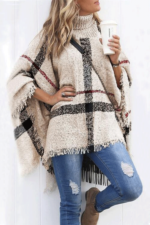 Kvindernes Farveblok Poncho Sweater med Høj Krave og Kvaster 1