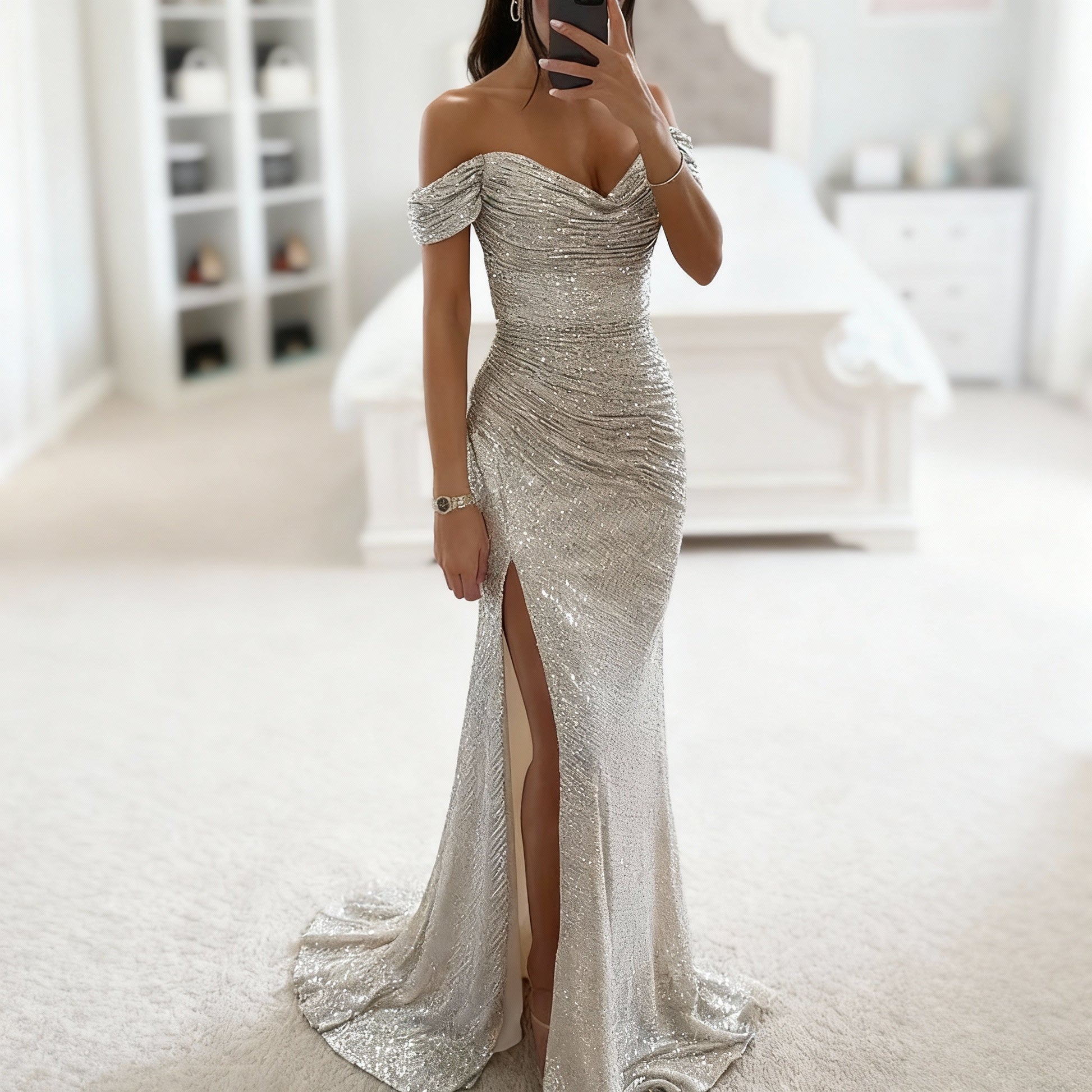 Kvinders Aftenkjole Off Shoulder Med Slids Pailletter 3