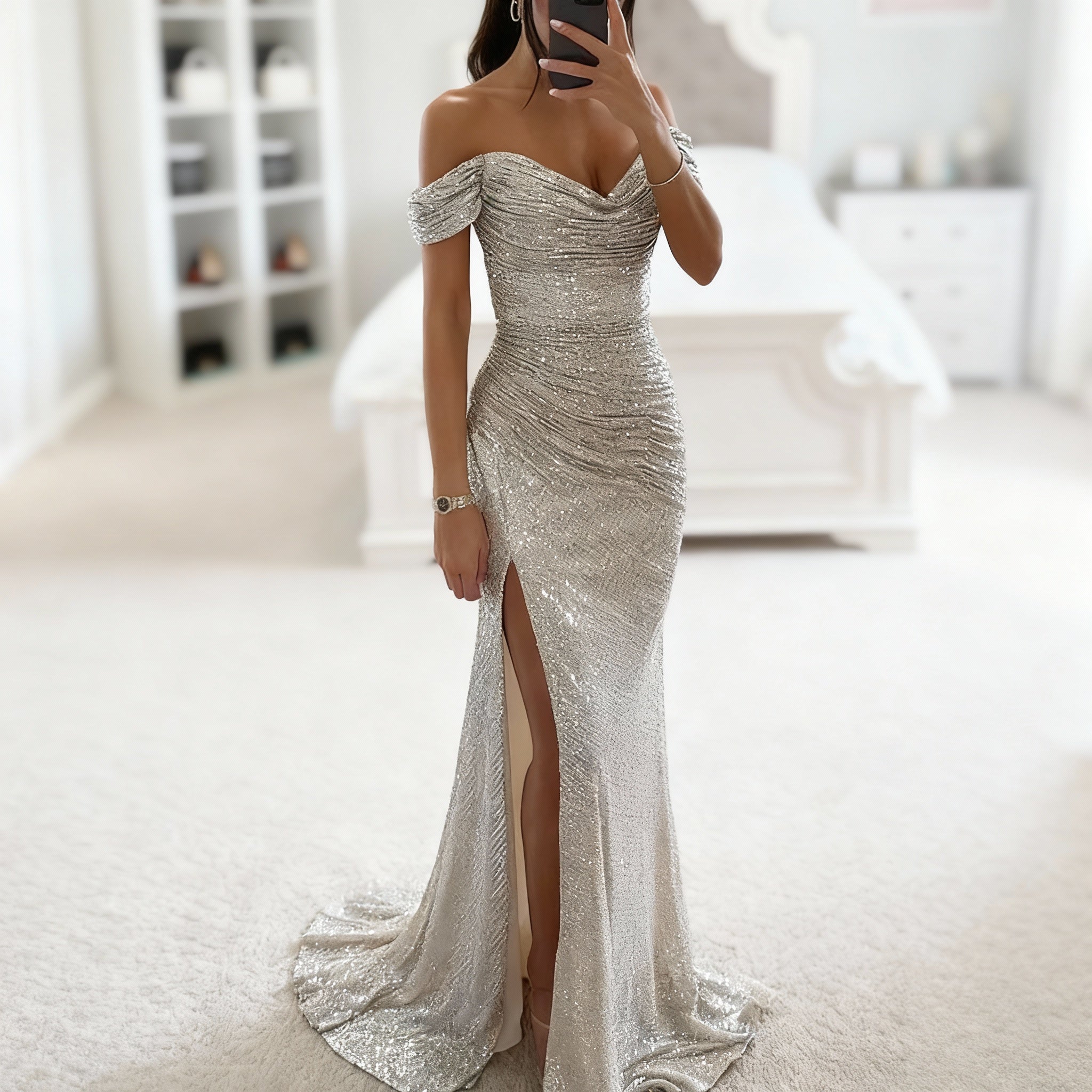 Kvinders Aftenkjole Off Shoulder Med Slids Pailletter 3