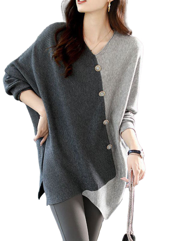 Kvinders Asymmetrisk Strikskjorte Patchwork Design 0