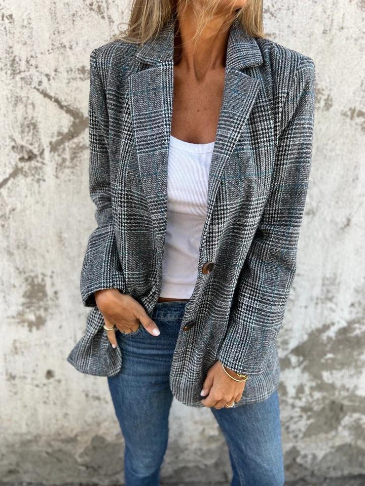 Kvinders Blazer Tjekket Blødt Stof Moderne Pasform 3
