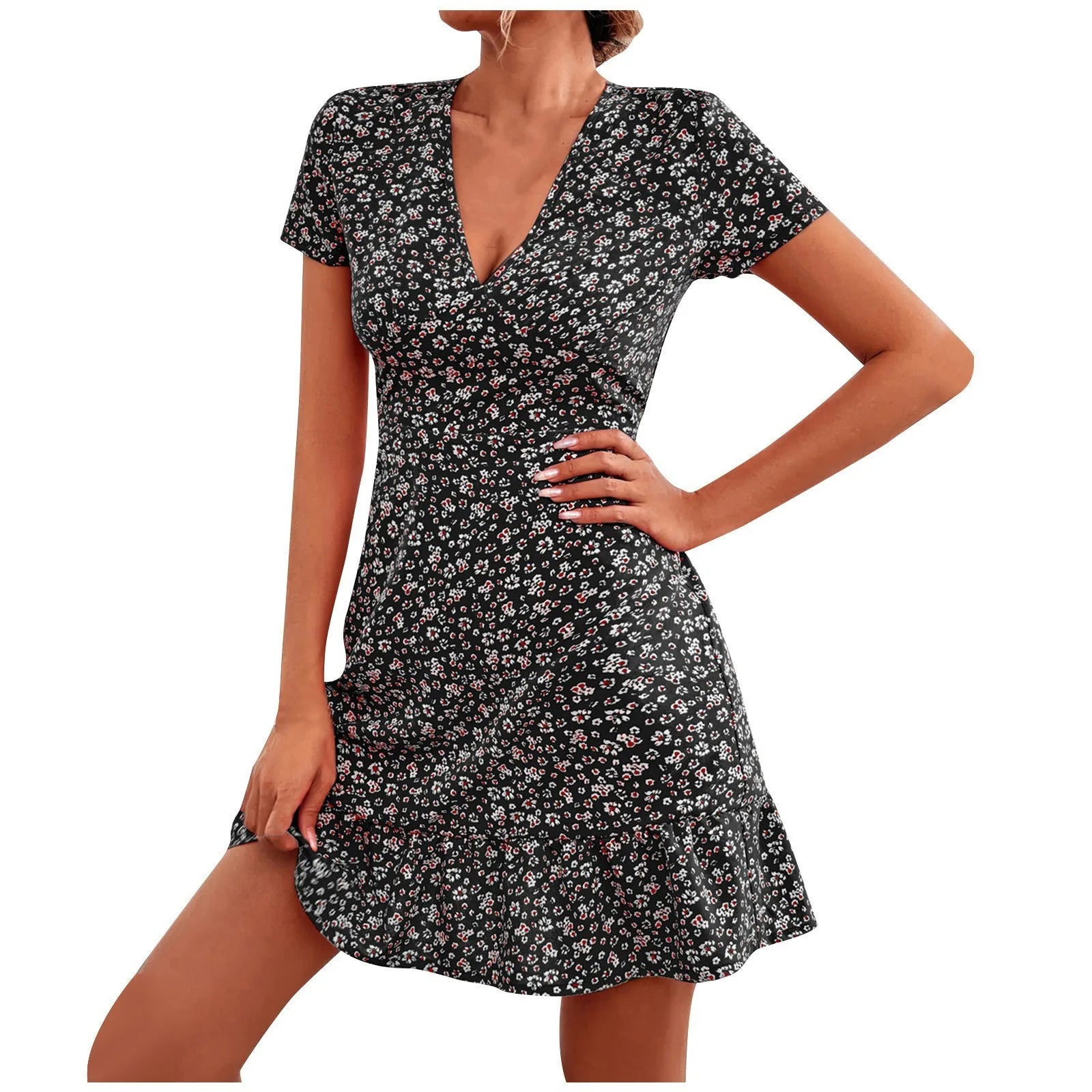 Kvinders Blomsterprint V-hals Kjole Casual Kort 1