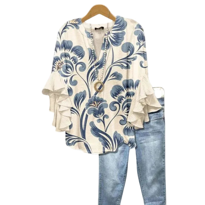 Kvinders Bluse Blomsterprint Flæsede Ærmer Casual 0