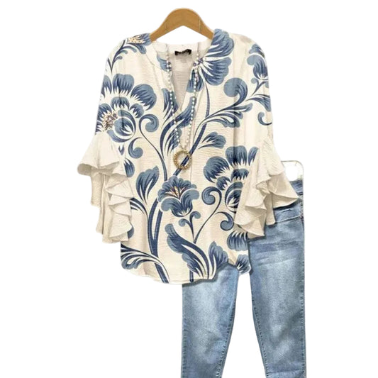 Kvinders Bluse Blomsterprint Flæsede Ærmer Casual 0