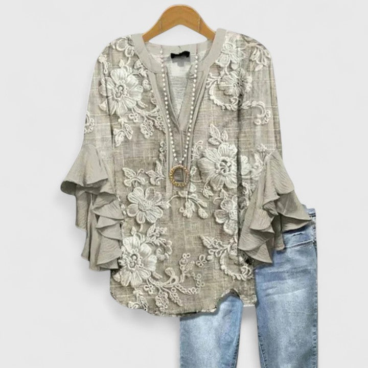 Kvinders Bluse Blomsterprint Flæsede Ærmer Casual 1
