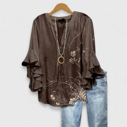 Kvinders Bluse Blomsterprint Flæsede Ærmer Casual 3