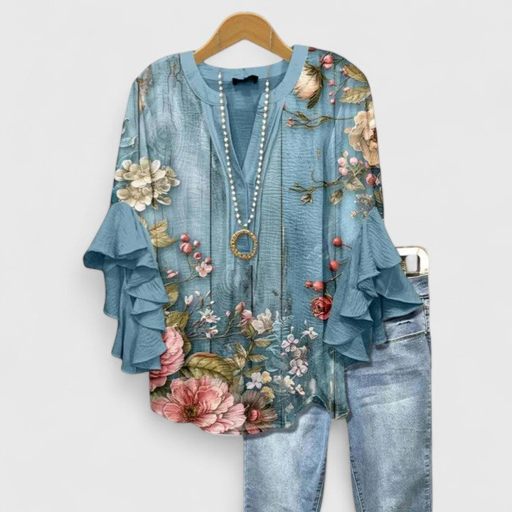 Kvinders Bluse Blomsterprint Flæsede Ærmer Casual 5