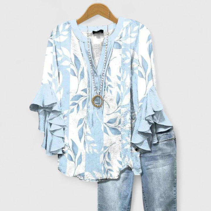 Kvinders Bluse Blomsterprint Flæsede Ærmer Casual 6