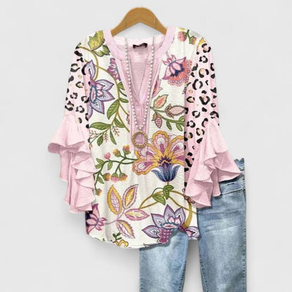 Kvinders Bluse Blomsterprint Flæsede Ærmer Casual 7