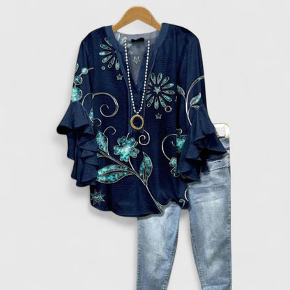 Kvinders Bluse Blomsterprint Flæsede Ærmer Casual 8