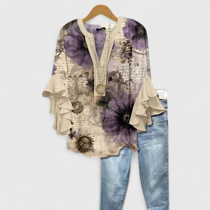 Kvinders Bluse Blomsterprint Flæsede Ærmer Casual 9