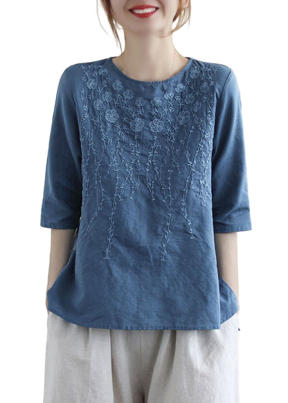 Kvinders Bluse O-Hals med Broderi og Halværmet Design 0