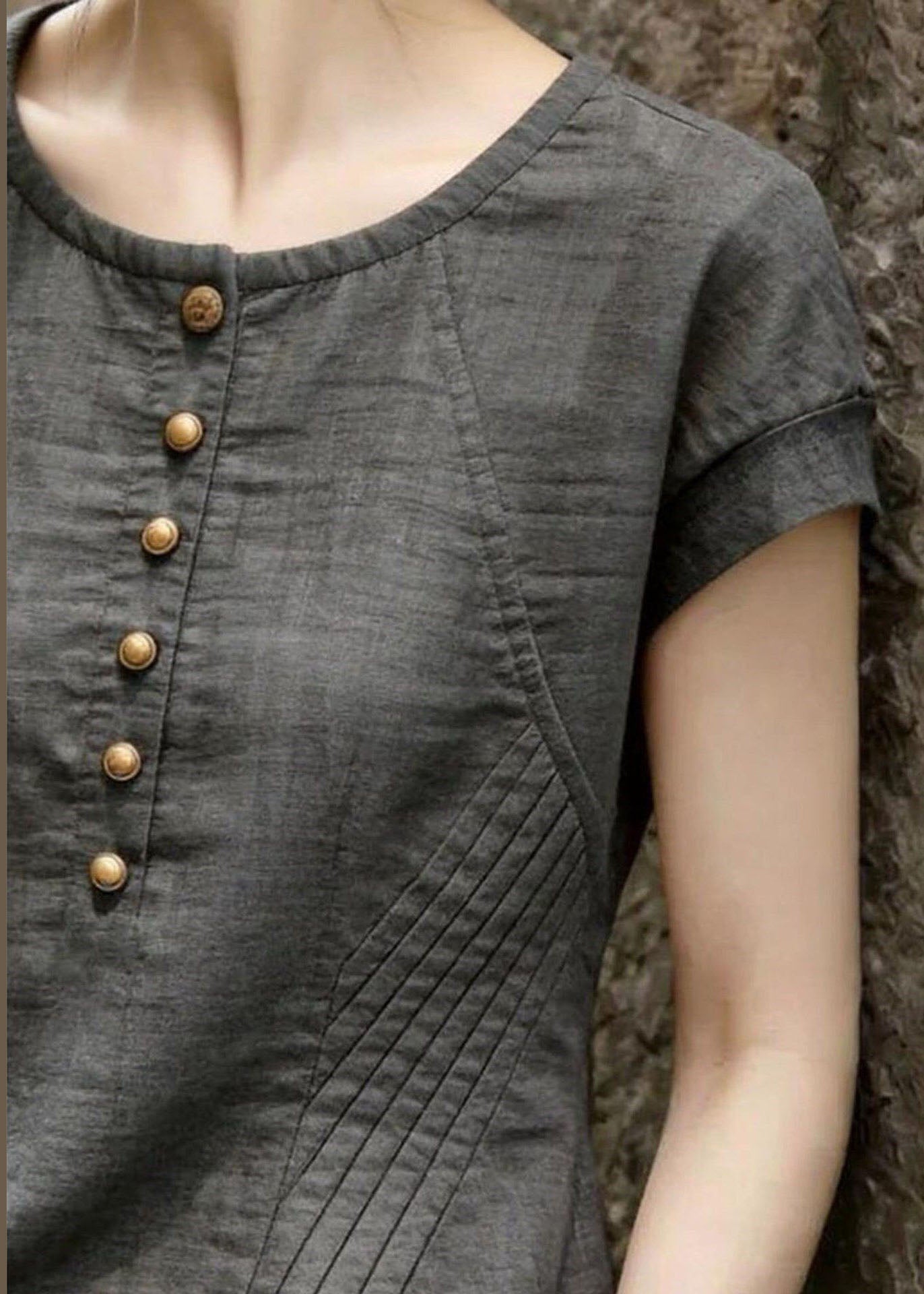 Kvinders Bluse med O-hals og Rynket Design Plus Size 1