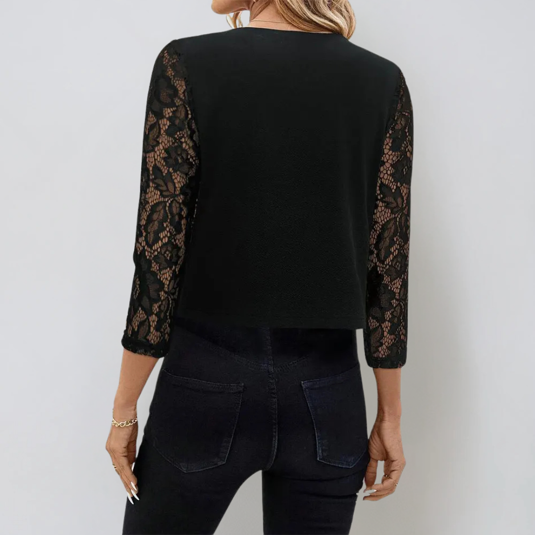 Kvinders Cardigan med Blondeærmer og Åben Front 1