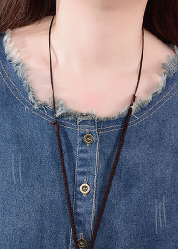 Kvinders Denim Kjole O-Hals med Lommer Langærmet 3