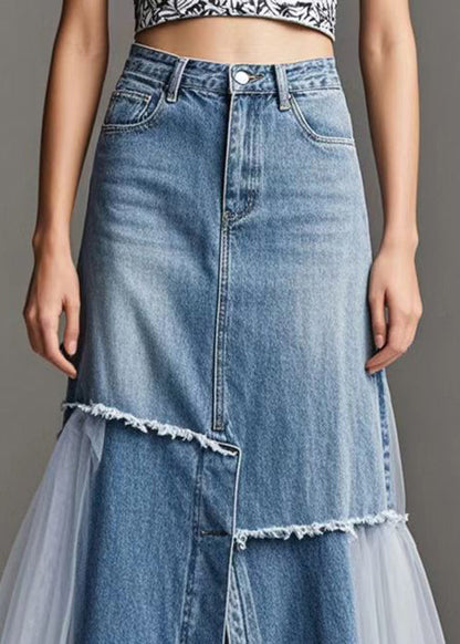 Kvinders Denim Nederdel med Tyl Patchwork 2