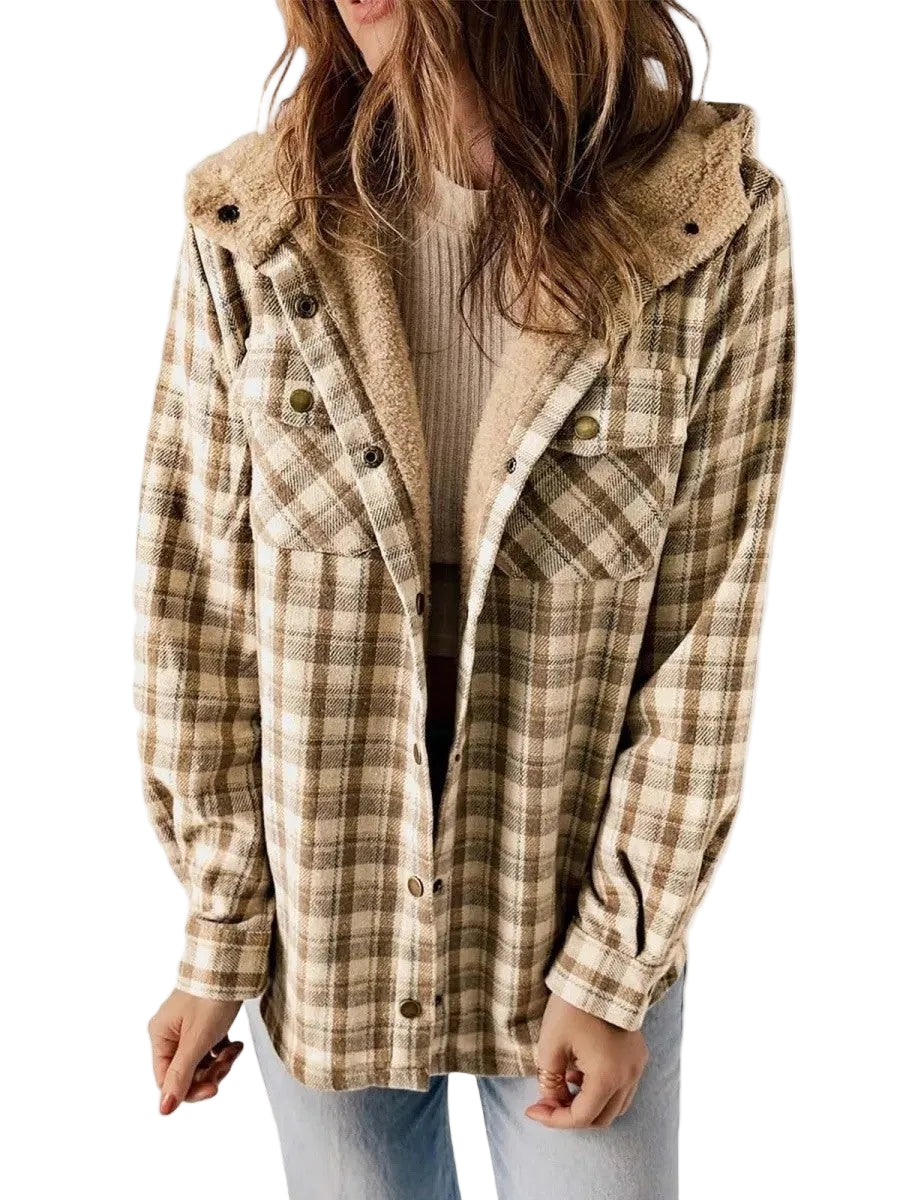 Kvinders Fleecejakke med Hætte og Plaid Design 0