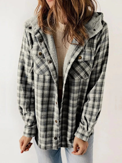 Kvinders Fleecejakke med Hætte og Plaid Design 1