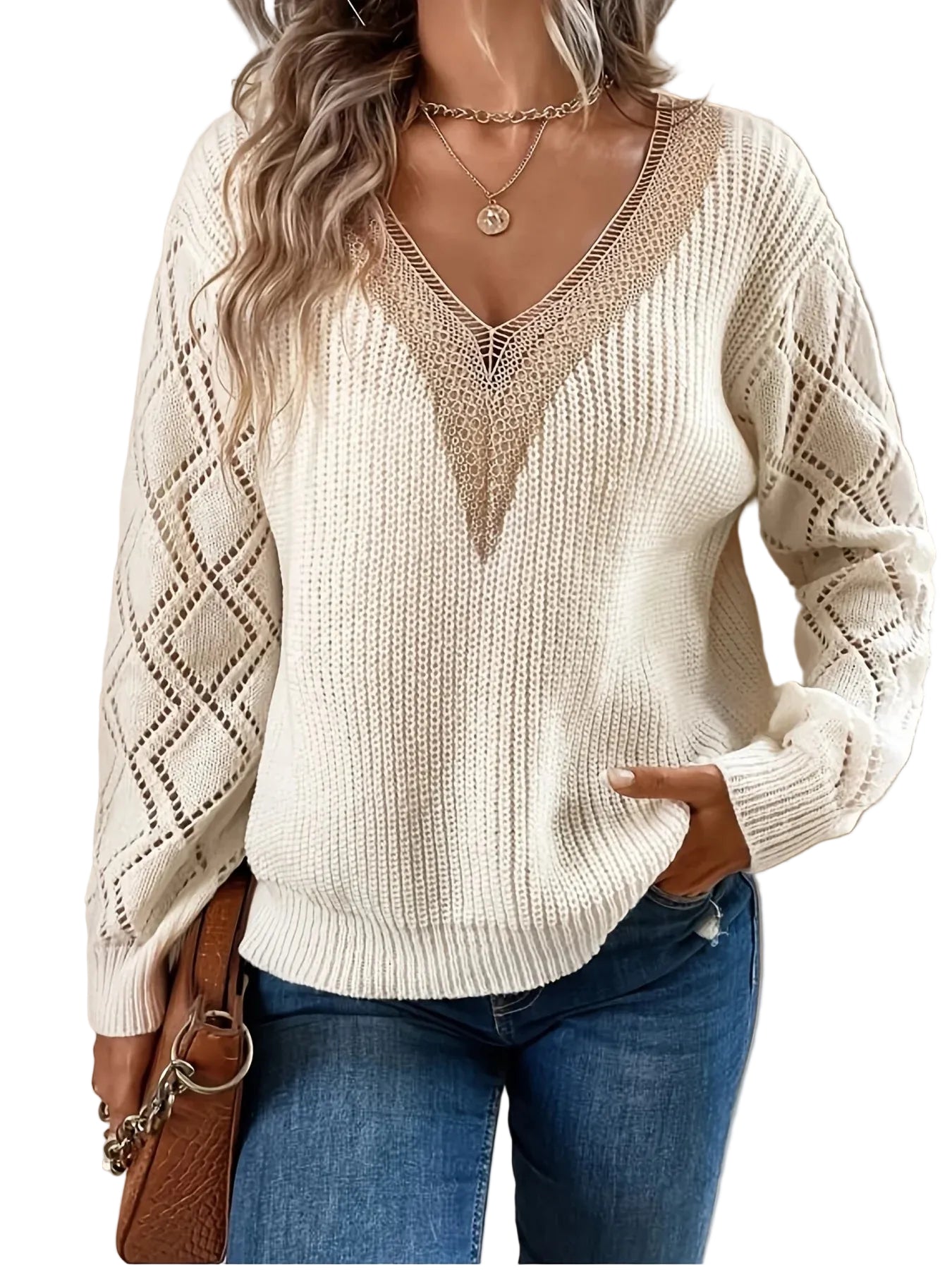 Kvinders Hæklet V-hals Sweater 0