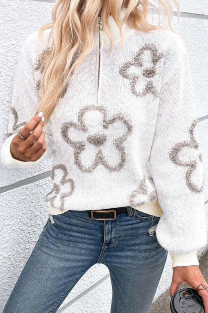 Kvinders Half Zip Sweater Blomstret Viskose Polyester Polyamid 0